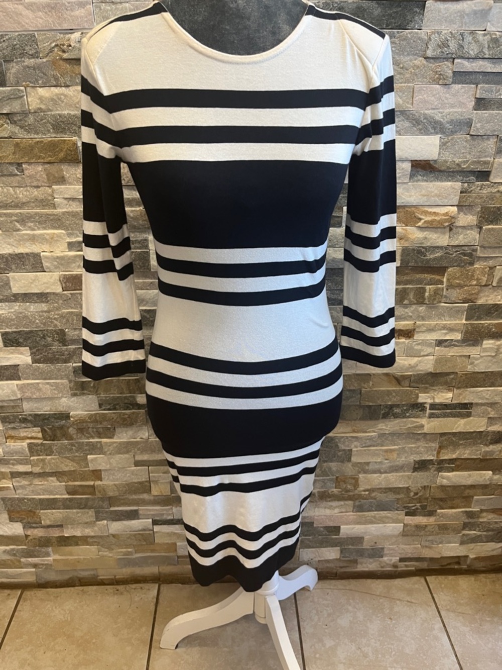 Striped Black and White Midi Dress - Classic Fit. 15 1/2 PTP